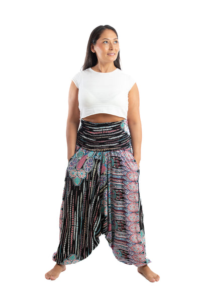 Handmade Women Flowy Harem Pants - Jumpsuit Smocked Waist(Amerindian Night)