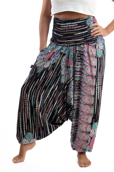 Handmade Women Flowy Harem Pants - Jumpsuit Smocked Waist(Amerindian Night)