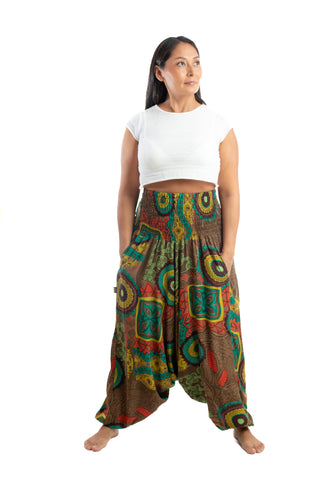 Handmade Women Flowy Harem Pants - Jumpsuit Smocked Waist(Mexico Colors)