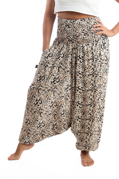 Handmade Women Flowy Harem Pants - Jumpsuit Smocked Waist(Leopard Flowers)