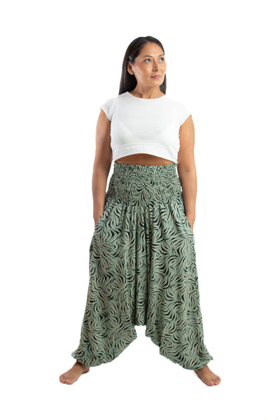 Handmade Women Flowy Harem Pants - Jumpsuit Smocked Waist(Green Clumps)
