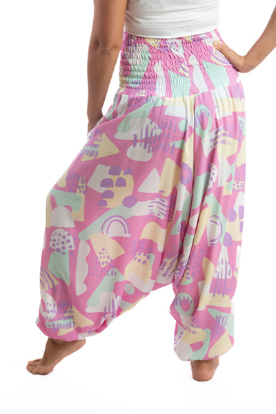 Handmade Women Flowy Harem Pants - Jumpsuit Smocked Waist(Pink Dreams)