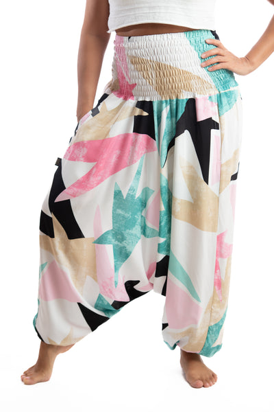 Handmade Women Flowy Harem Pants - Jumpsuit Smocked Waist(Malevich Dreams)