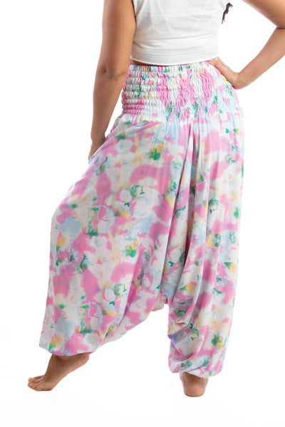 Handmade Women Flowy Harem Pants - Jumpsuit Smocked Waist(Bubble Gum Tie-Dye)