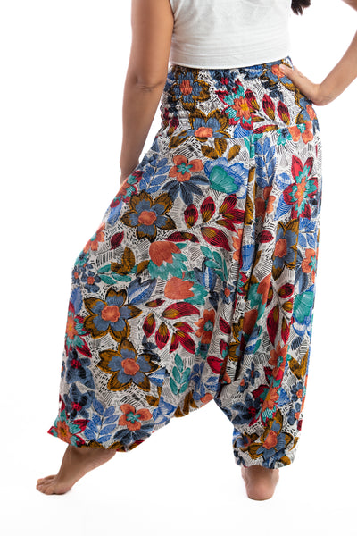 Handmade Women Flowy Harem Pants - Jumpsuit Smocked Waist(Sketches of Flowers)
