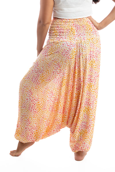 Handmade Women Flowy Harem Pants - Jumpsuit Smocked Waist(Cheetah Orange)