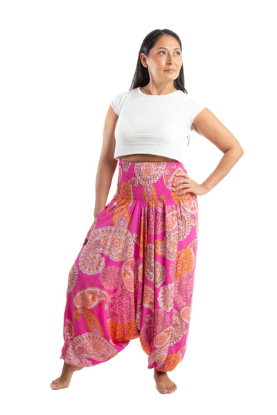 Handmade Women Flowy Harem Pants - Jumpsuit Smocked Waist(Hot Pink Buta)