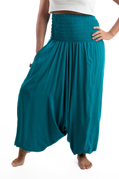 Handmade Women Flowy Harem Pants - Jumpsuit Smocked Waist(Emerald Green)