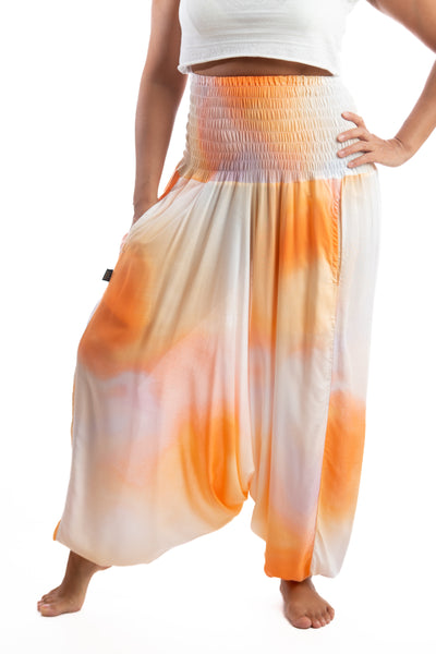 Handmade Women Flowy Harem Pants - Jumpsuit Smocked Waist(Amber Orange)