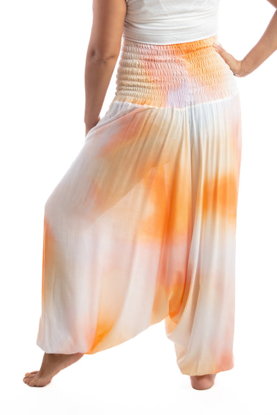 Handmade Women Flowy Harem Pants - Jumpsuit Smocked Waist(Amber Orange)