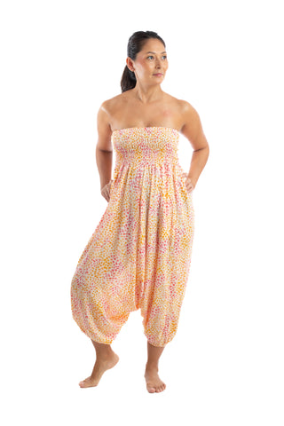 Handmade Women Flowy Harem Pants - Jumpsuit Smocked Waist(Cheetah Orange)