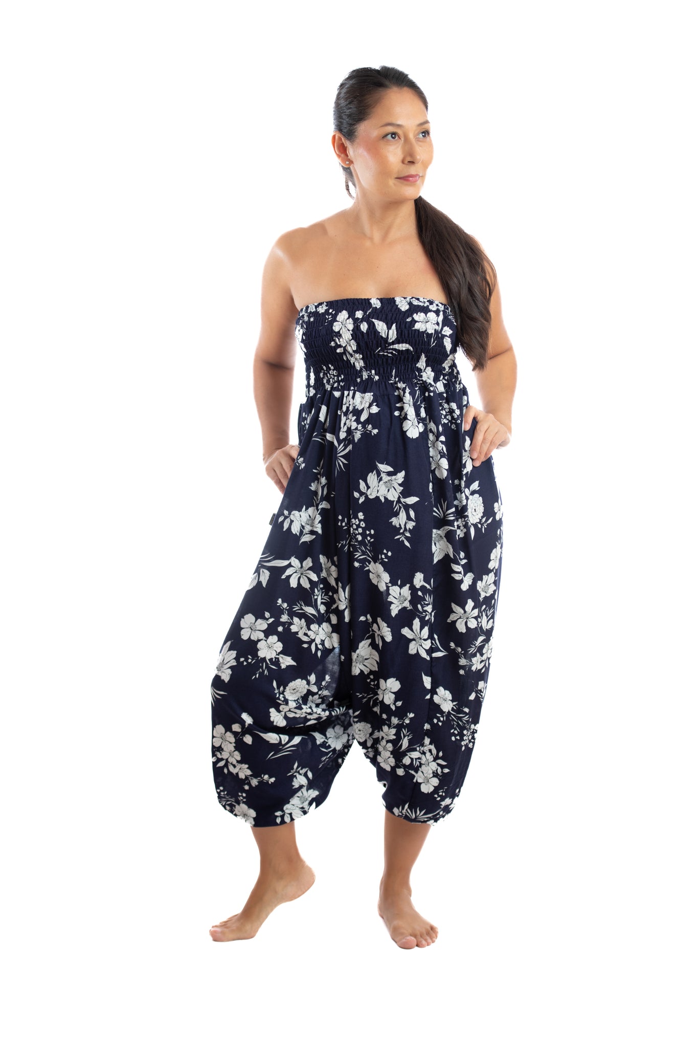 Handmade Women Flowy Harem Pants - Jumpsuit Smocked Waist(Monochrome Summer)
