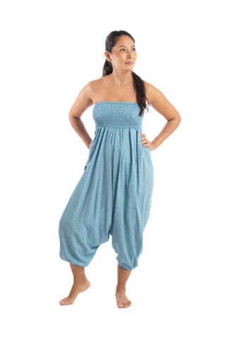 Handmade Women Flowy Harem Pants - Jumpsuit Smocked Waist(Blue Stardust)