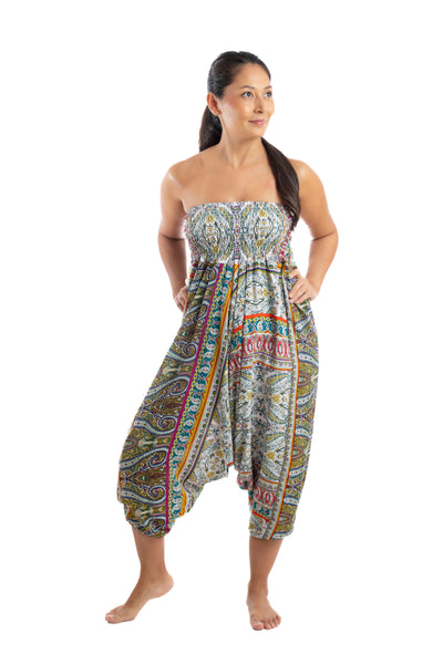 Handmade Women Flowy Harem Pants - Jumpsuit Smocked Waist(Roman Pattern)