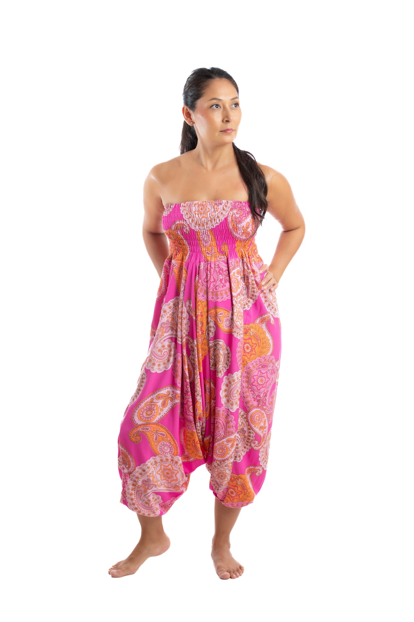 Handmade Women Flowy Harem Pants - Jumpsuit Smocked Waist(Hot Pink Buta)