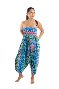 Handmade Women Flowy Harem Pants - Jumpsuit Smocked Waist(Mexican Wave)