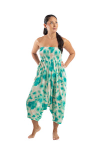 Handmade Women Flowy Harem Pants - Jumpsuit Smocked Waist(Zelenka Tie-Dye)