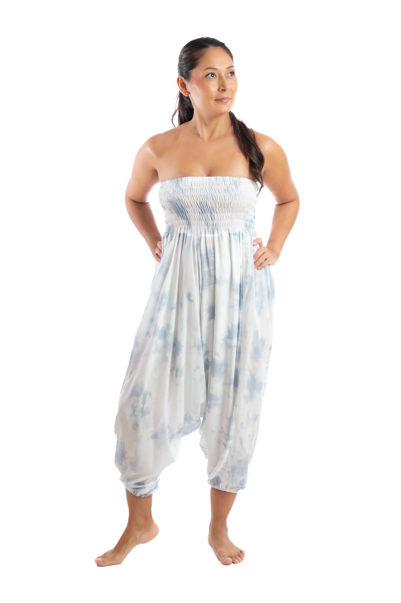 Handmade Women Flowy Harem Pants - Jumpsuit Smocked Waist(Light Blue Tie-Dye)