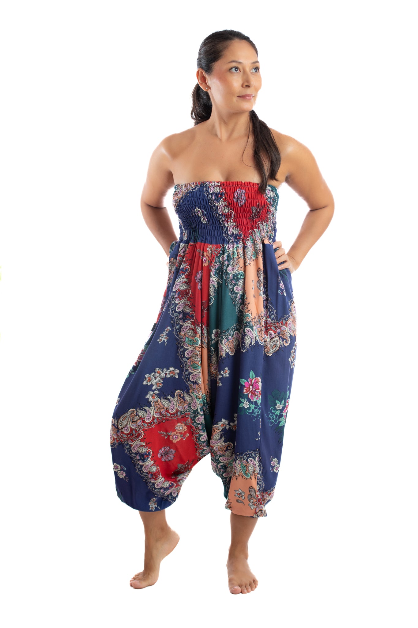 Handmade Women Flowy Harem Pants - Jumpsuit Smocked Waist(Buta Colorfull)