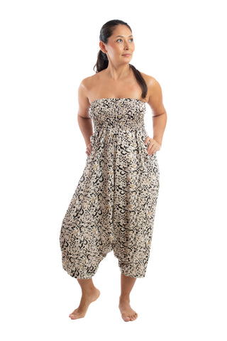 Handmade Women Flowy Harem Pants - Jumpsuit Smocked Waist(Leopard Flowers)