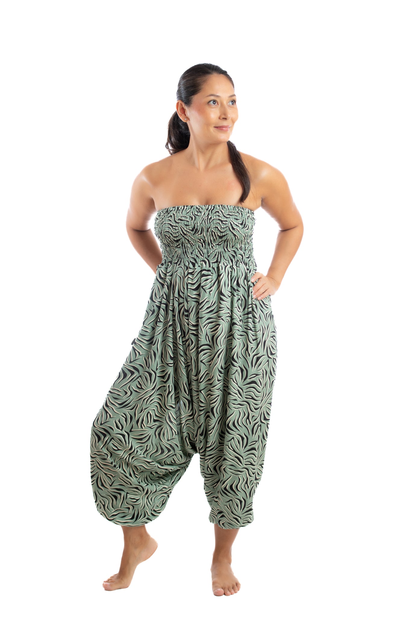 Handmade Women Flowy Harem Pants - Jumpsuit Smocked Waist(Green Clumps)