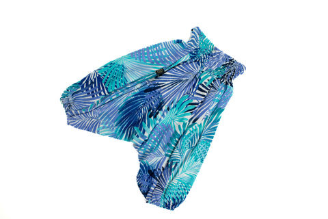 Handmade Kids Flowy Harem Pants - Jumpsuit Smocked Waist  (Blue Palms)