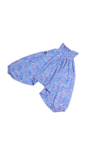 Handmade Kids Flowy Harem Pants - Jumpsuit Smocked Waist (Blue Ornaments)