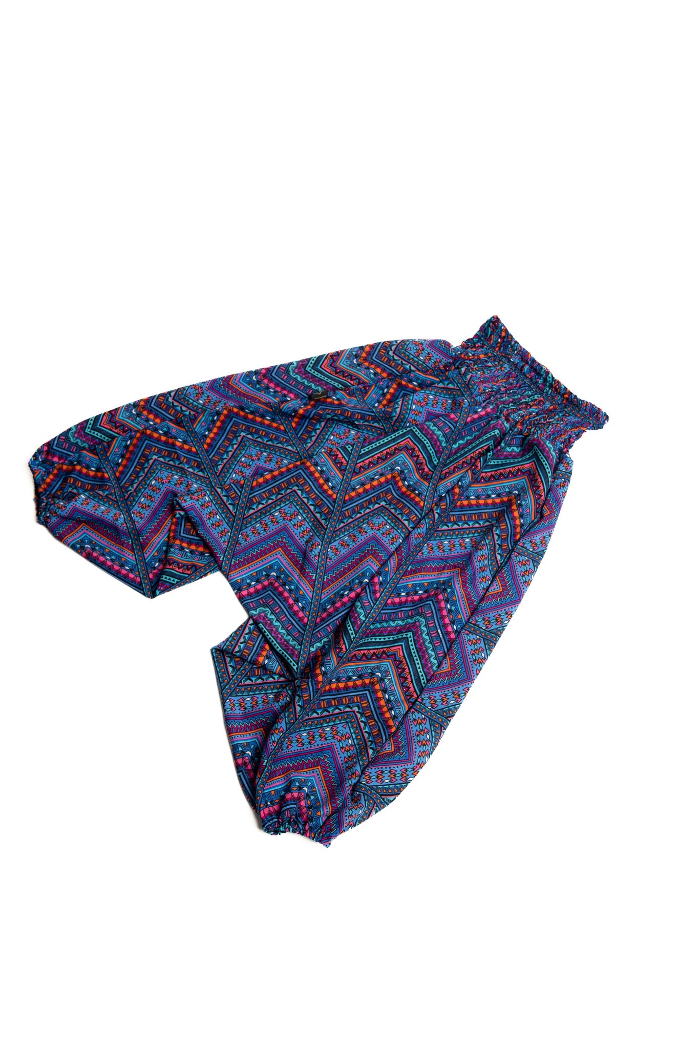 Handmade Kids Flowy Harem Pants - Jumpsuit Smocked Waist (African Zig-Zag Purple Blue)