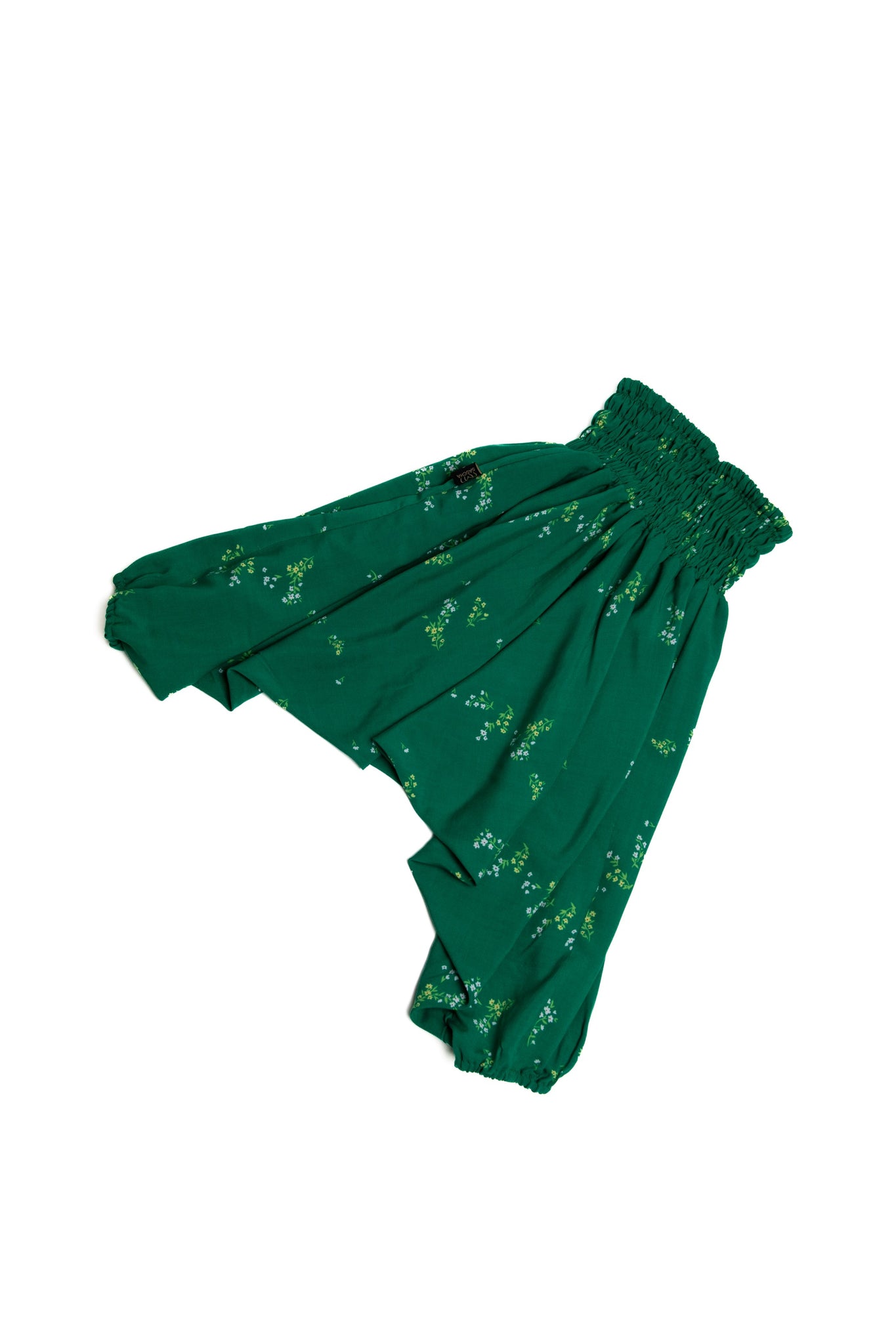 Handmade Kids Flowy Harem Pants - Jumpsuit Smocked Waist (Tiny Flowers On Green)