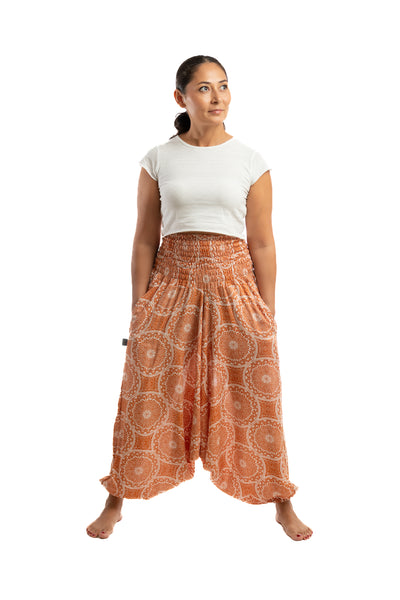 Handmade Women Flowy Harem Pants - Jumpsuit Smocked Waist (Mustard Mandala)