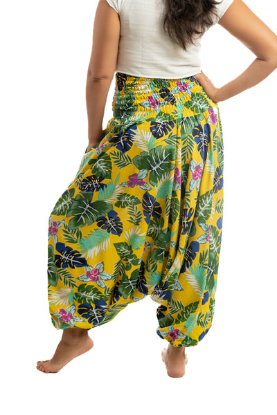 Handmade Women Flowy Harem Pants - Jumpsuit Smocked Waist (Spring Jungle)