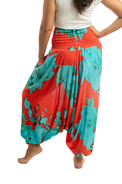 Handmade Women Flowy Harem Pants - Jumpsuit Smocked Waist (Ocean Corals)