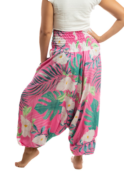 Handmade Women Flowy Harem Pants - Jumpsuit Smocked Waist (Sunset In The Jungles)