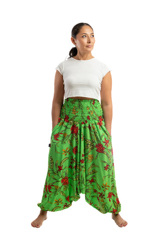 Handmade Women Flowy Harem Pants - Jumpsuit Smocked Waist (Red Lily)