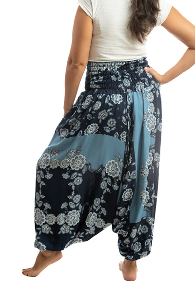 Handmade Women Flowy Harem Pants - Jumpsuit Smocked Waist (Blue Flowers Tales)