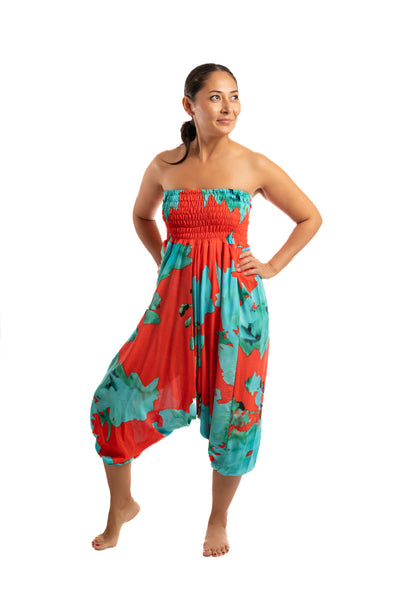 Handmade Women Flowy Harem Pants - Jumpsuit Smocked Waist (Ocean Corals)