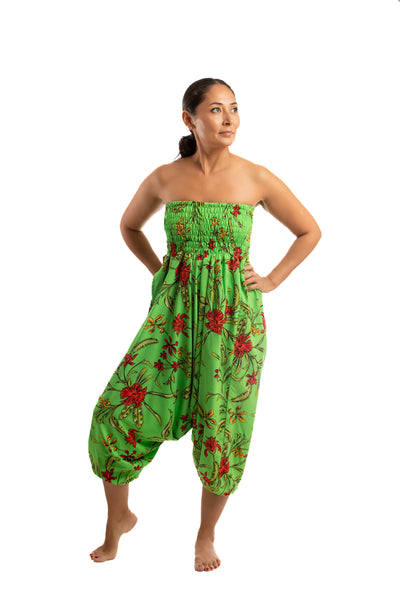 Handmade Women Flowy Harem Pants - Jumpsuit Smocked Waist (Red Lily)