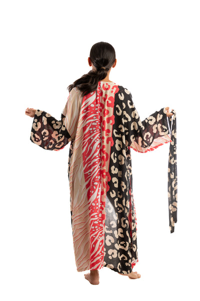 Handmade Long Kimono - Coral And Black Animal Print