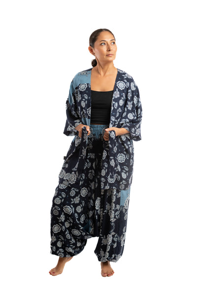 Handmade Women Flowy Harem Pants - Jumpsuit Smocked Waist (Blue Flowers Tales)